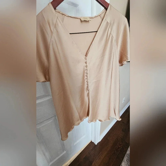 ELIE TAHARI Blouse Top Buttons Satin Toffee Champagne Beige Nude size L - Picture 3 of 7